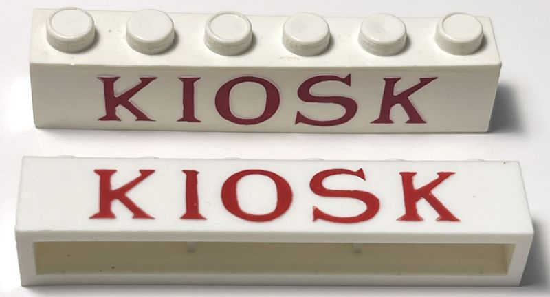 Brick 1 x 6 without Bottom Tubes with Cross Side Supports with Red 'KIOSK' Serif Thin Pattern