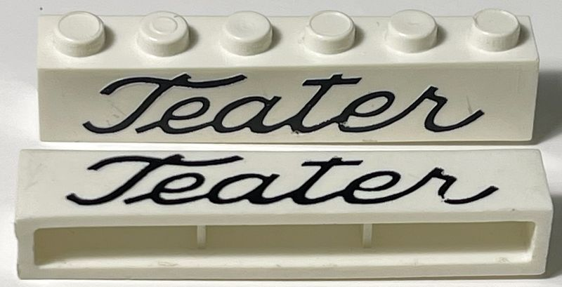Brick 1 x 6 without Bottom Tubes with Cross Side Supports with Black 'Teater' Script Pattern