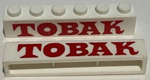 Brick 1 x 6 without Bottom Tubes with Cross Side Supports with Red 'TOBAK' Serif Bold Pattern