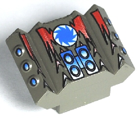 Brick, Modified 2 x 2 No Studs, Sloped with Angled Side Block Extensions with Red Flames, Blue Saw Blade on White Circle Pattern