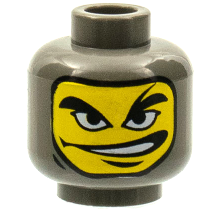 Minifigure, Head Balaclava with Yellow Face, Thick Black Eyebrows, Chin Dimple, Wide Open Mouth Smile to Side with Teeth Pattern