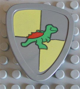 Duplo Utensil Shield, Flat Triangle with Green Dragon with Red Wings on Yellow Quarters Pattern
