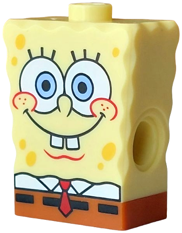 Head SpongeBob with Molded Dark Orange Body and Printed Yellow Spots, Bright Light Blue Eyes, White Teeth and Shirt, Red Cheeks and Tie, Black Belt Pattern