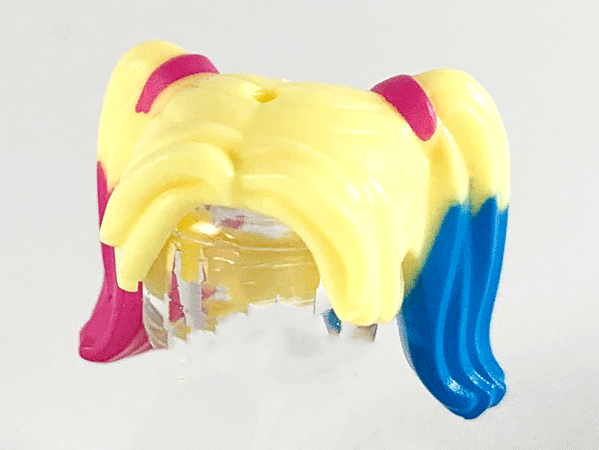 Minifigure, Hair Female Pigtails High, Long Bangs, Hole on Top with Dark Pink Hair Ties and Dark Azure and Dark Pink Tips Pattern