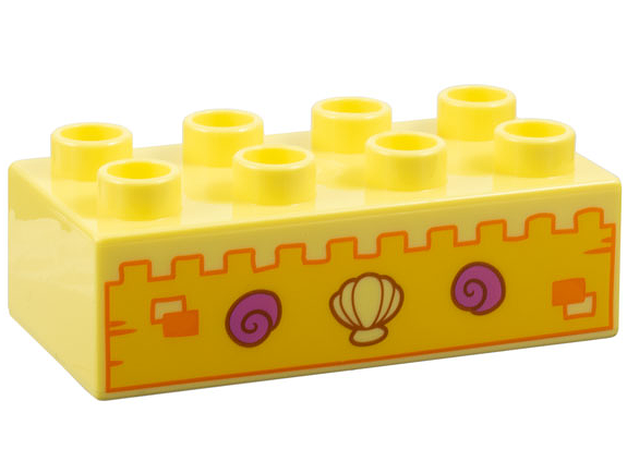 Duplo, Brick 2 x 4 with Yellow Sand Castle Wall with Orange Windows, Shell and Dark Pink Snail Shells Pattern
