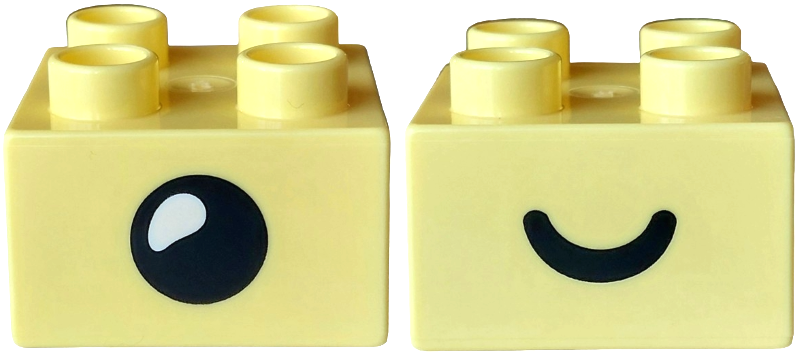 Duplo, Brick 2 x 2 with Black Eye Open / Closed Pattern on Opposite Sides