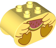 Duplo, Brick 2 x 4 x 2 Rounded Ends with Wings Holding Watermelon Slice and Bright Light Orange Webbed Feet, Duck Body Pattern
