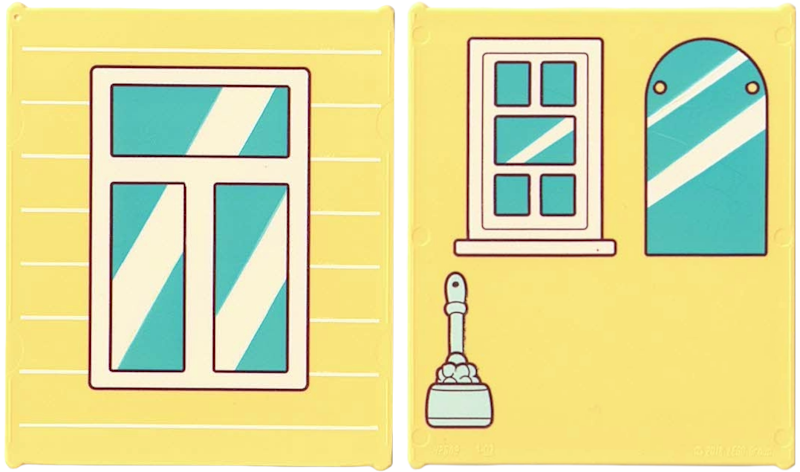 Glass for Window 1 x 6 x 6 Flat Front with Window with Medium Azure Panes, White Frame and Reflections / Small Window, Curved Top Mirror, and Light Aqua Toilet Cleaning Brush Pattern