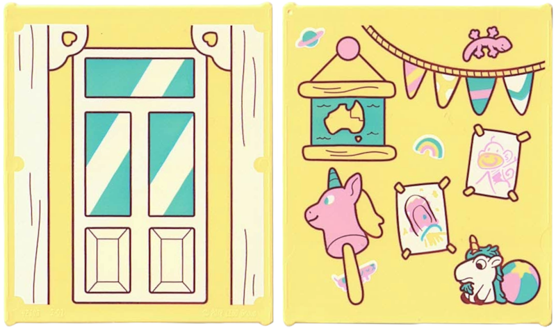 Glass for Window 1 x 6 x 6 Flat Front with Window with Medium Azure Panes, White Frame, Bottom Panels and Reflections / Bright Pink Stick Unicorn, Lizard, Rainbow, Beach Ball, Taped Pictures, Hanging Map and Bunting Pattern