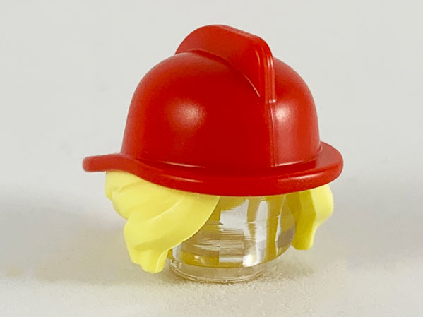 Minifigure, Hair Combo, Hair with Hat, Side Bangs and Bun with Molded Red Fire Helmet Pattern
