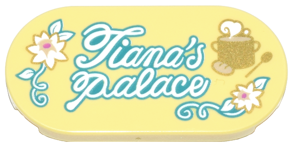 Tile, Round 2 x 4 Oval with White and Gold Flowers and Cooking Pot with Steam, Dark Turquoise Vines, Leaves, and Script 'Tiana's Palace' Pattern