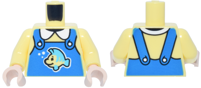 Bright light yellow torso with matching arms and light nougat hands. Features blue overalls with a yellow and blue fish.
