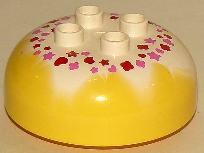 Duplo, Brick Round 4 x 4 Dome Top with 2 x 2 Studs with Marbled White with Red and Pink Hearts and Stars Pattern