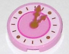 Tile, Round 2 x 2 with Bottom Stud Holder with Dark Pink Clock with Gold Hands Pattern