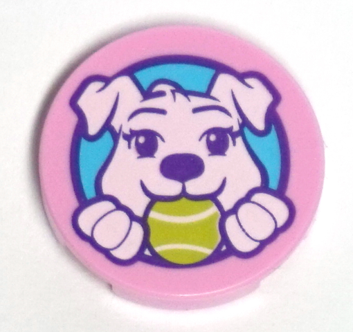 Tile, Round 2 x 2 with Bottom Stud Holder with Puppy Dog Holding Ball in Mouth Pattern