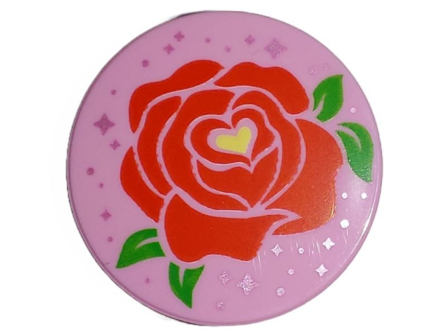 Tile, Round 2 x 2 with Bottom Stud Holder with Red Rose, Bright Green Leaves, Bright Light Yellow Heart and Metallic Pink Stars Pattern