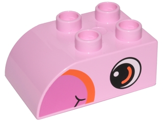 Duplo, Brick 2 x 3 Slope Curved with Dark Pink Beak and Circled Black Eye with Orange Arc and White Pupil Pattern on Both Sides