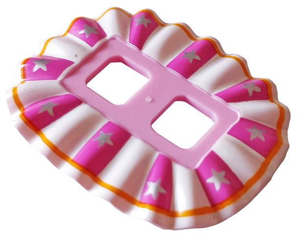 Minifigure Skirt Plastic, Ruffled (Ballerina Tutu) with White and Dark Pink Panels, Silver Stars, and Bright Light Orange Border Pattern