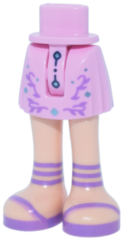 Mini Doll Hips and Skirt with Molded Light Nougat Legs and Printed Dark Blue Trim, Metallic Light Blue Dots, Medium Lavender Filigree and Strap Sandals Pattern - Thin Hinge
