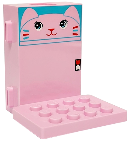 Brick, Modified 2 x 4 x 5 with Hole for Gear Worm Screw 6L, Runners for Channels and Elevator Platform with Cat Head, Black and White Eyes, Medium Azure and Red Nose, Mouth and Whiskers Pattern