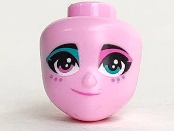 Mini Doll, Head Friends with Black Eyebrows, Dark Turquoise Left Eye, Dark Pink Right Eye, Eye Shadow, Dots, and Lopsided Grin Pattern