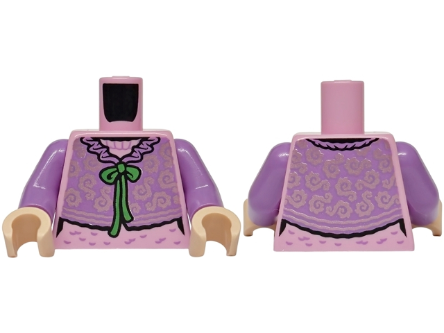 Torso Female Cardigan Sweater, Medium Lavender with Metallic Pink Swirls over Shirt, Bright Green Ribbon Tie Pattern / Medium Lavender Arms / Light Nougat Hands