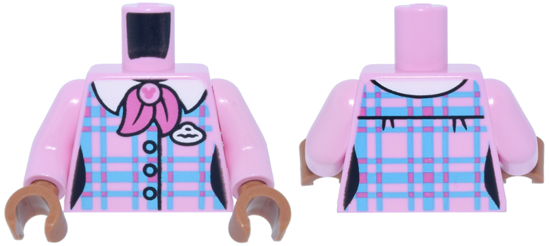 Bright pink torso with bright pink arms and sienna hands. Features an azure and dark pink plaid shirt pattern with a pink ascot and white badge.