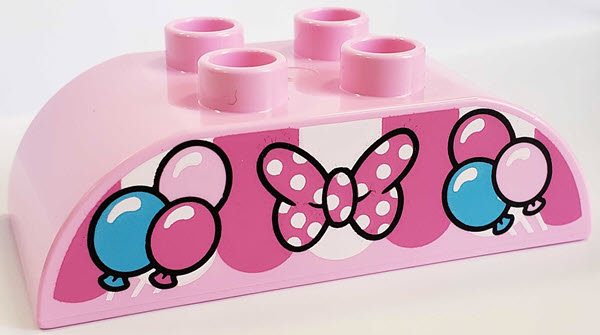 Duplo, Brick 2 x 4 Slope Curved Double with Dark Pink, Medium Azure, and White Awning, Balloons, and Bow with Polka Dots Pattern