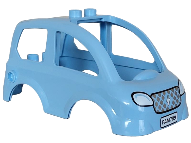 Duplo Car Body High Cab 2 Top Studs, 1 Side Stud with Silver Grille, White Headlights and Lightning Bolt, 'FAM789' Pattern