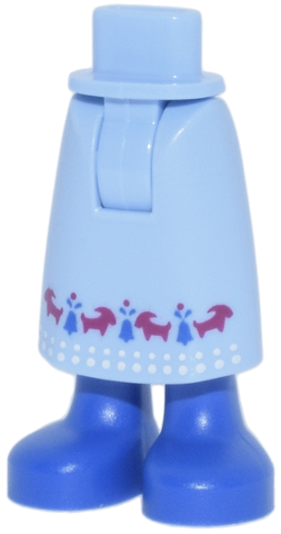 Mini Doll Hips and Skirt Long with Molded Blue Legs and Feet and Printed Bells, Magenta Goats and White Dots Hem Pattern - Thick Hinge