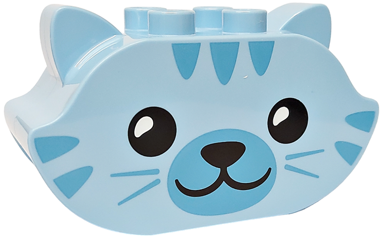 Duplo, Brick 2 x 5 x 2 1/2 Pointed Ends, Ears on Sides with Black Eyes and Nose, Medium Blue Face and Stripes Pattern
