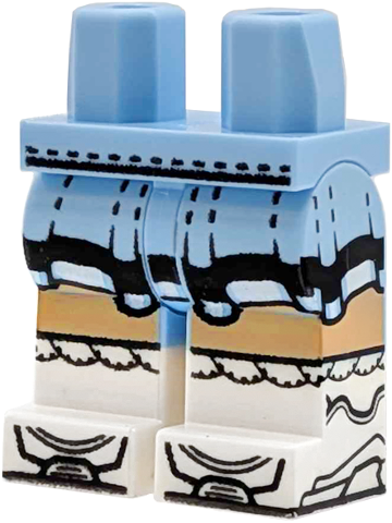 Bright light blue minifigure legs with dual-molded white lower legs, featuring a printed skirt hem and tan knees.