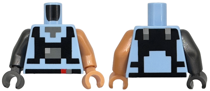 Torso Pixelated Dark Bluish Gray Neck, Black Straps and Belt with Red and Dark Bluish Gray Squares Pattern / Nougat Arm Left / Pearl Dark Gray Arm Right / Nougat Hand Left / Pearl Dark Gray Hand Right