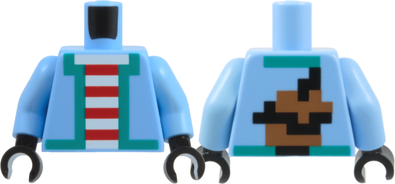 Bright light blue torso with bright light blue arms and black hands. Features a turquoise-trimmed jacket over a striped shirt and a backpack on the reverse.