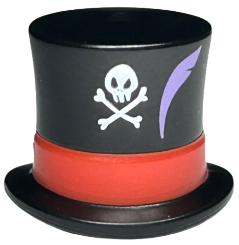 Minifigure, Headgear Hat, Top Hat Large with Molded Red Band and Printed White Skull, Crossbones, and Medium Lavender Feather Pattern