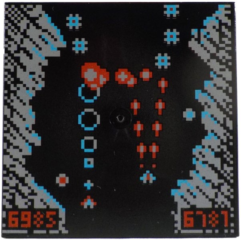 Tile 6 x 6 with Bottom Tubes with Screen with Pixelated Light Bluish Gray, Medium Azure and Red Arcade Game, '6985' and '6781' Pattern