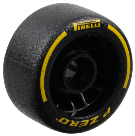 Wheel 24 x 13.4 with Pin Hole with Molded Black Hard Rubber Tire and Printed Yellow 'PIRELLI', 'P ZERO' and Arcs Pattern
