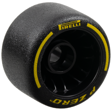 Wheel 24 x 14.9 with Pin Hole with Molded Black Hard Rubber Tire and Printed Yellow 'PIRELLI', 'P ZERO' and Arcs Pattern
