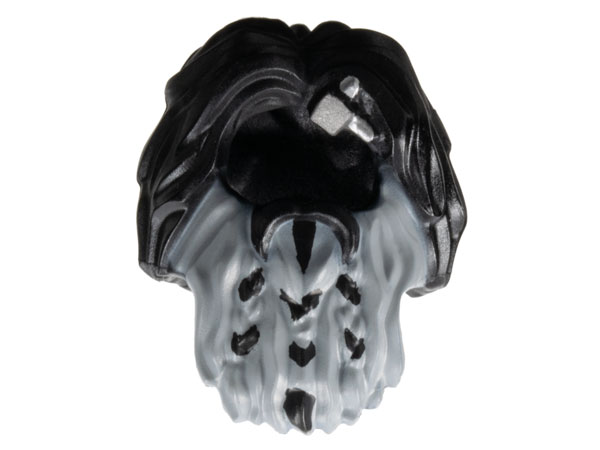 Minifigure, Hair Shaggy with Braided Beard with Silver Axe Shard and Dark Bluish Gray Pattern