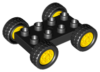 Duplo Car Base 2 x 4 with Fixed Axles, Black Tires and Yellow Wheels