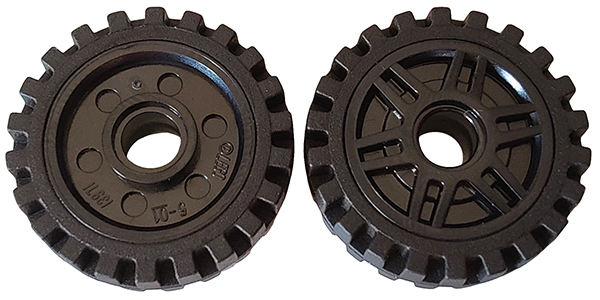 Wheel 18mm D. x 8mm with Fake Bolts and Deep Spokes with Inner Ring with Black Tire 24mm D. x 7mm Offset Tread - Band Around Center of Tread (13971 / 61254)