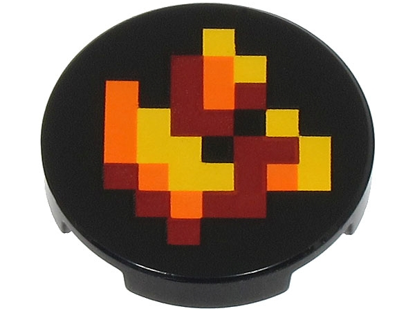 Tile, Round 2 x 2 with Bottom Stud Holder with Pixelated Dark Red, Orange and Yellow Fire Pattern