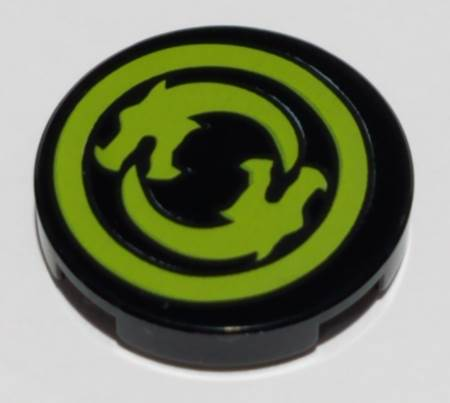 Tile, Round 2 x 2 with Bottom Stud Holder with Solid Lime Circle Border with Circling Dragons Pattern