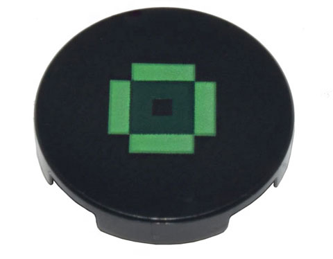 Tile, Round 2 x 2 with Bottom Stud Holder with Pixelated Bright Green Rectangles and Dark Green Square Pattern (Minecraft Music Disc / Record)