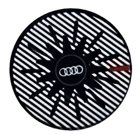 Tile, Round 2 x 2 with Bottom Stud Holder with White Audi Logo, Silver Stripes, and Red Stripe Pattern