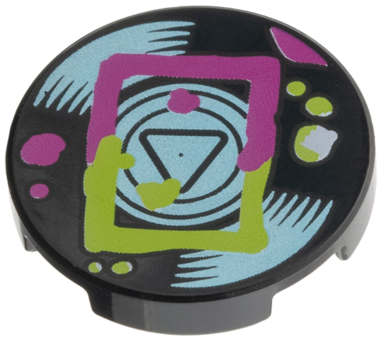 Tile, Round 2 x 2 with Bottom Stud Holder with Vinyl Record with Metallic Light Blue Label and Highlights, Magenta and Lime Square and Splotches Pattern