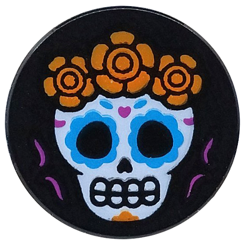 Tile, Round 2 x 2 with Bottom Stud Holder with White Skull with Dark Azure Eyes, Orange Flowers Pattern