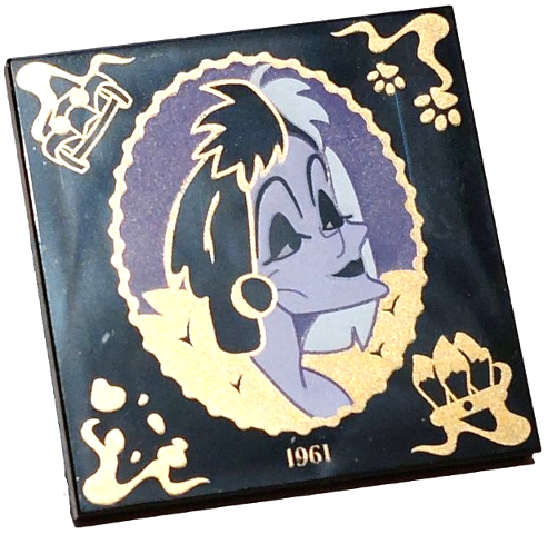Tile 4 x 4 with Lavender and Dark Purple Cruella De Vil Portrait in Scalloped Oval Frame with Gold Filigree, '1961', Panther De Ville Car, Dalmatian Dog Paws, Spots and Tails Handbag Pattern