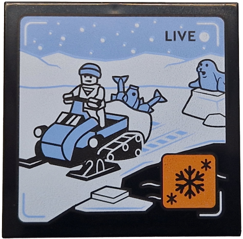 Tile 4 x 4 with 'LIVE' Broadcast with Bright Light Blue Snowmobile, Fish, Seal and Sky, White Ground and Mountains, Orange Icon with Black Snowflakes Pattern