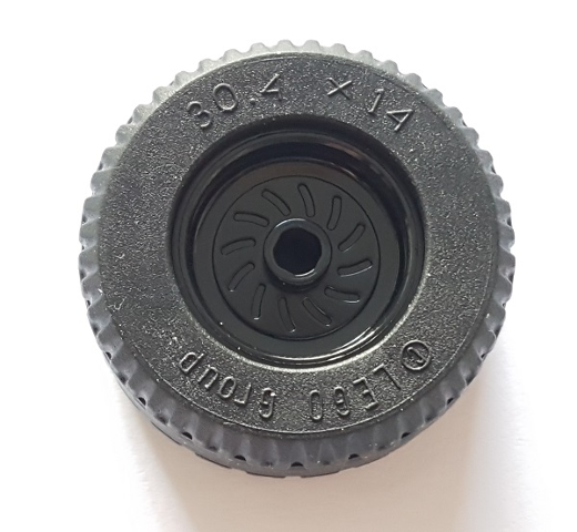 Wheel 18mm D. x 12mm with Axle Hole and Stud with Black Tire 30.4 x 14 Solid (18976 / 58090)